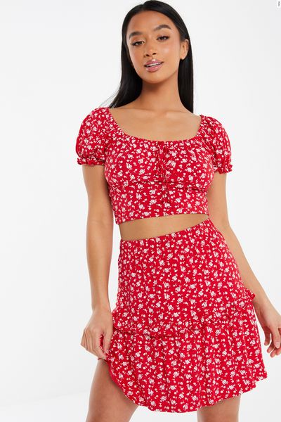 Petite Red Floral Frill Skirt
